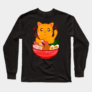 Funny Kawaii Orange Cat Eating Ramen Noodles Long Sleeve T-Shirt